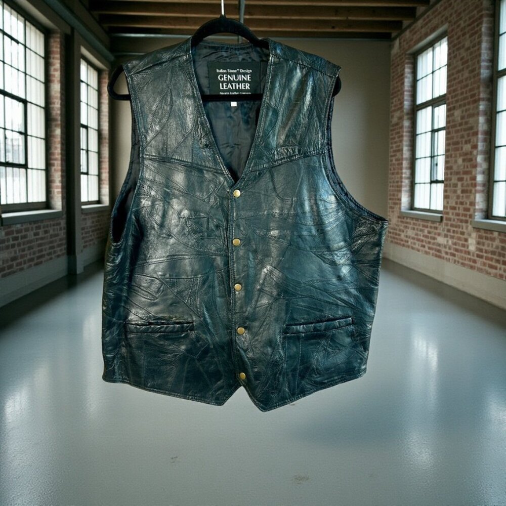 Navarre Leather Company Italian Stone Design Black Snap Front Vest Size XXL